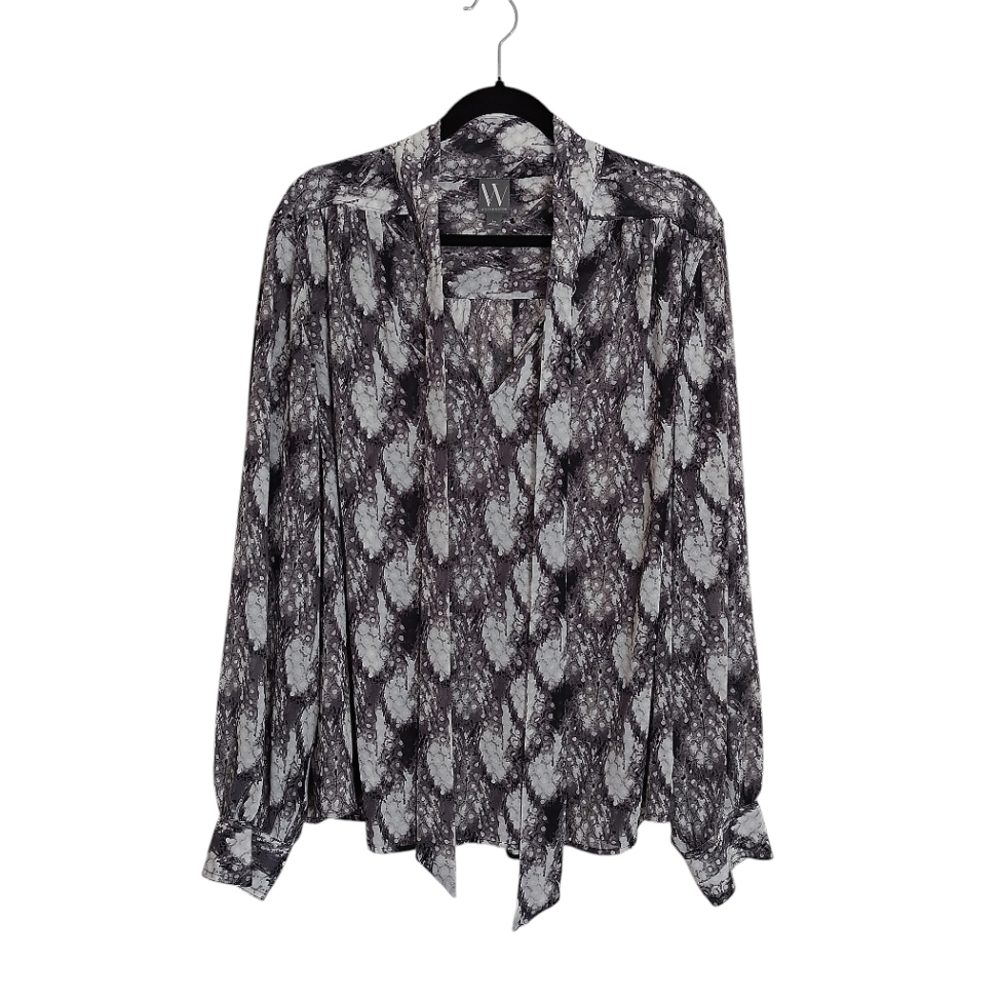 Worthington Womens Split Tie Neck Long Sleeve Blouse Black/ White Feather 3X